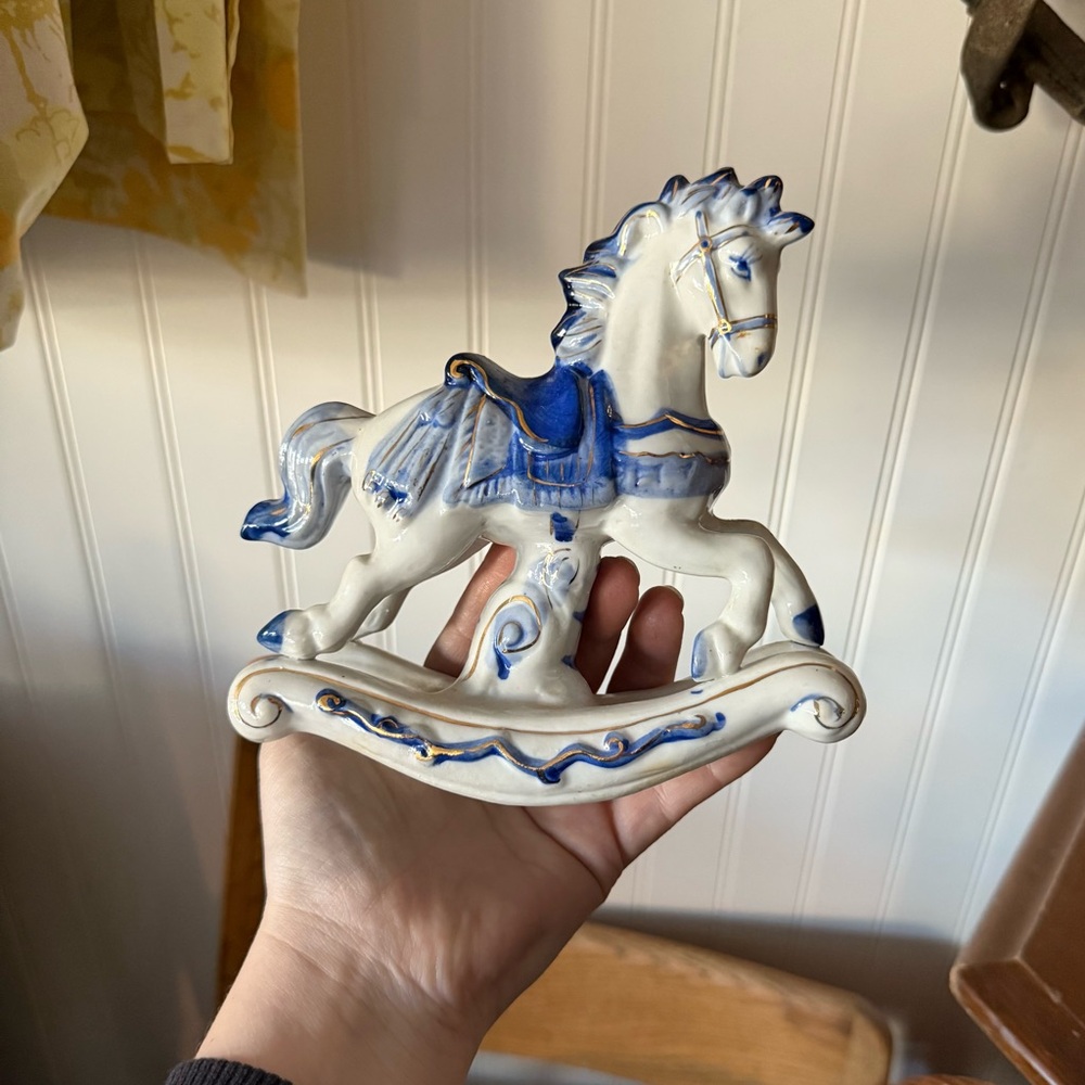 Blue and White Ceramic Rocking Horse Figurine